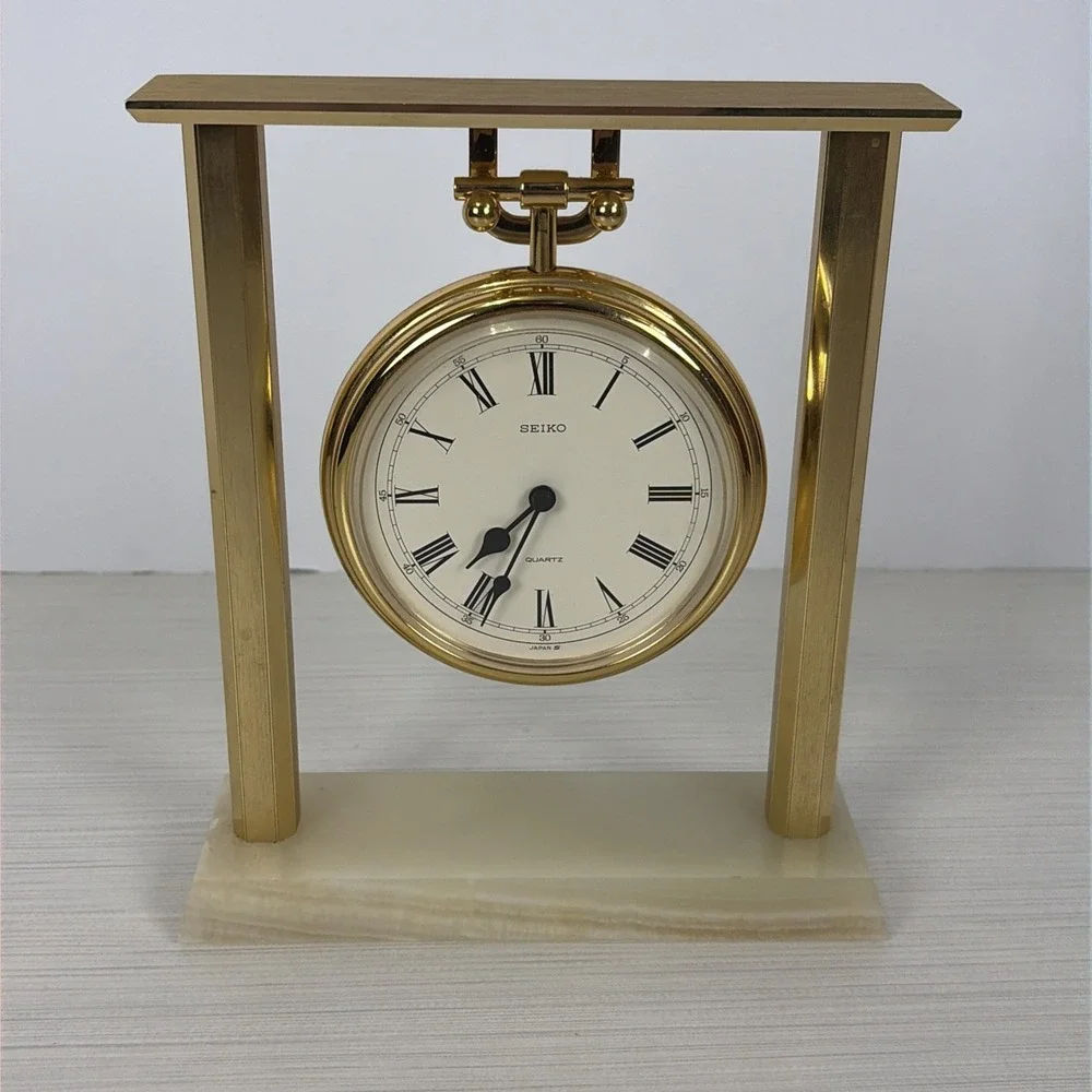 Vintage Seiko QZ 121 G Quartz Desk Clock Brass and Marble Stand Made in Japan
